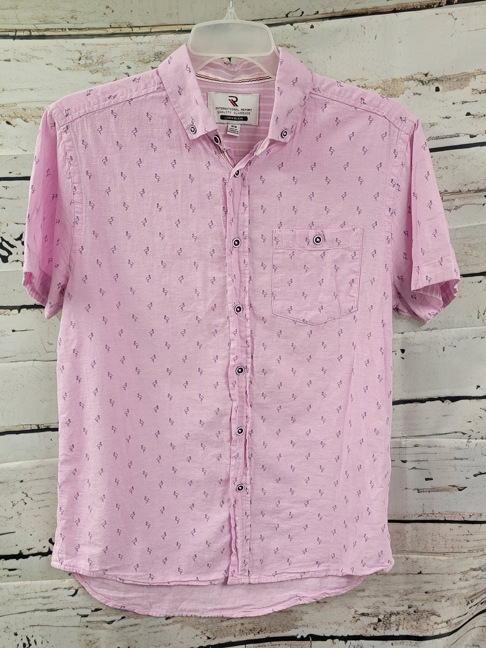 International Report Flamingo Print Linen Blend Shirt Size M Pink